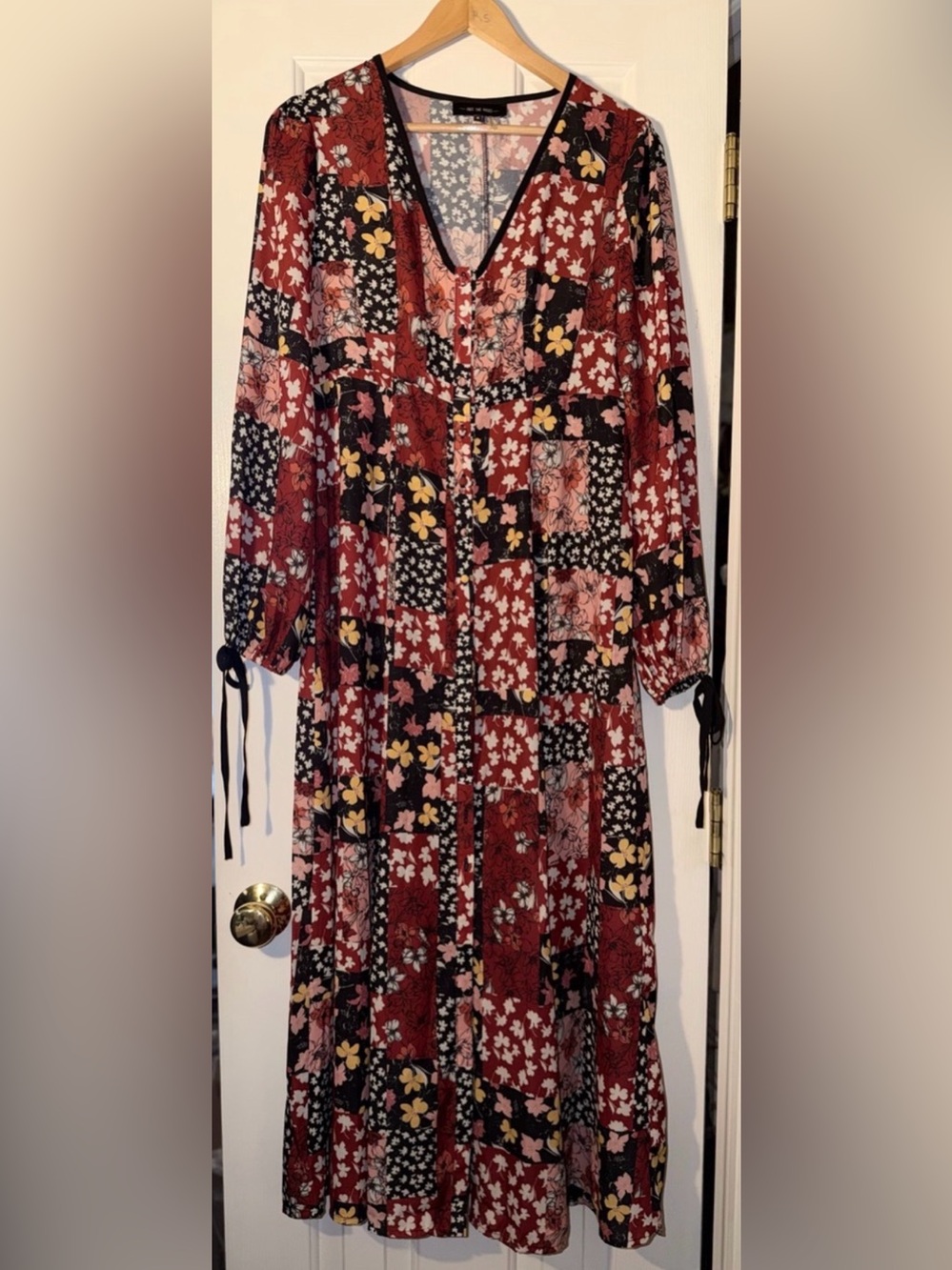 Free the Roses Boho Patchwork Floral Midi Dress in Rust Women’s Sz M